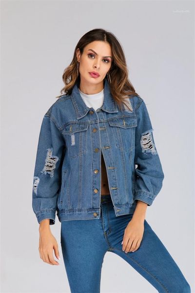 

blue casual jean coat spring lapel neck button lady clothes women jean jacket hole sing color, Black