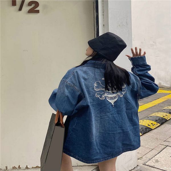 

20s women jacket denim long spring winter jackets with button fashion style coat letters embroidery windbreaker jacket jeans m-xl, Black;brown