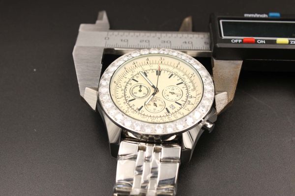 

selling men's mechanical watch 1884 diamond bezel white multi-function calendar dial stainless steel strap watch, Slivery;brown