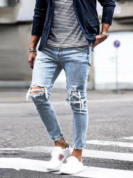 

new hip hop broken modis male pencil biker embroidery patch pants skinny jeans men streetwear destroyed ripped jeans homme, Blue