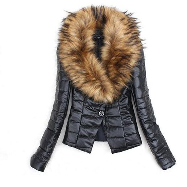 

2020 new europe and america autumn winter women faux fur collar stitching pu jacket female warm plus size s-3xl cc1286, Black