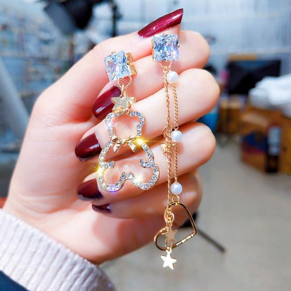 

dangle & chandelier cute bear drop korean earrings asymmetric pearl long earings earring for women 2021 crystal zircon gift brincos, Silver