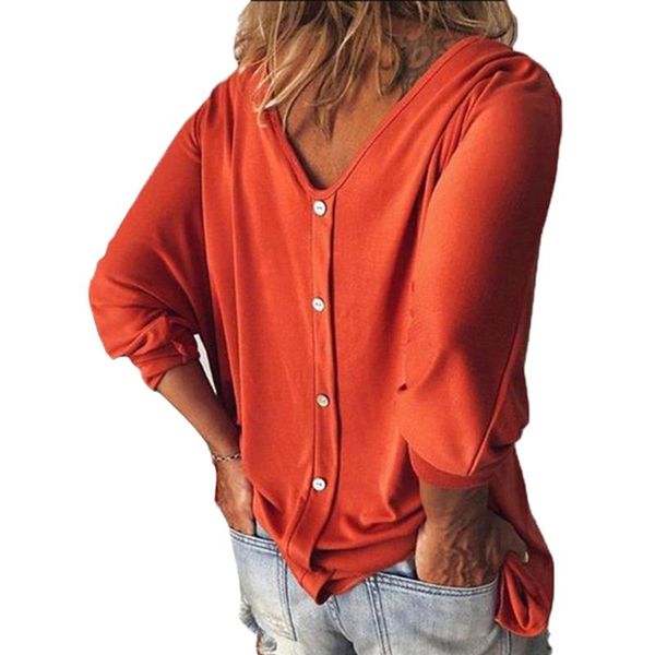 

oversize women clothes loose buttons shirts v neck solid blouse autumn tee for women, White