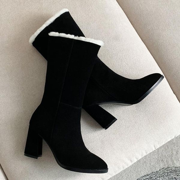 

women's genuine suede leather thick high heel winter mid-xalf boots wool elegant ladies cold leather short booties shoes women, Black