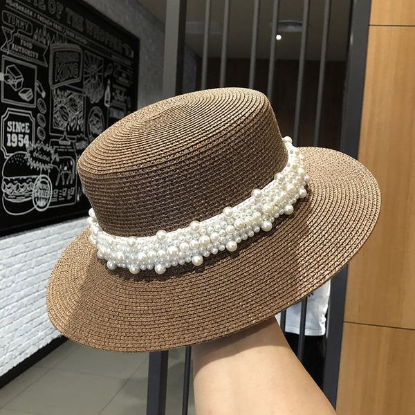 

202006-shi summer french retro pearl ribbon paper lady fedoras cap women panama jazz outdoor hat, Blue;gray