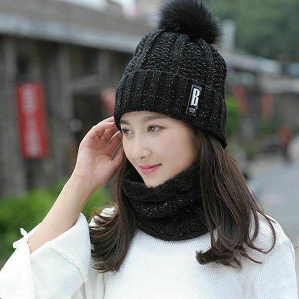 

beanie/skull caps 2pcs scarf hat set women winter warm solid pompoms knitted and scarves fashion beanie knit neck warmer 7 colors, Blue;gray