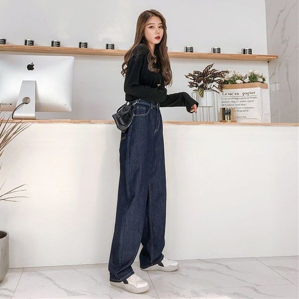

women's jeans high waist pants women 2021 boyfriend for wide leg harajuku denim harem ladies blue