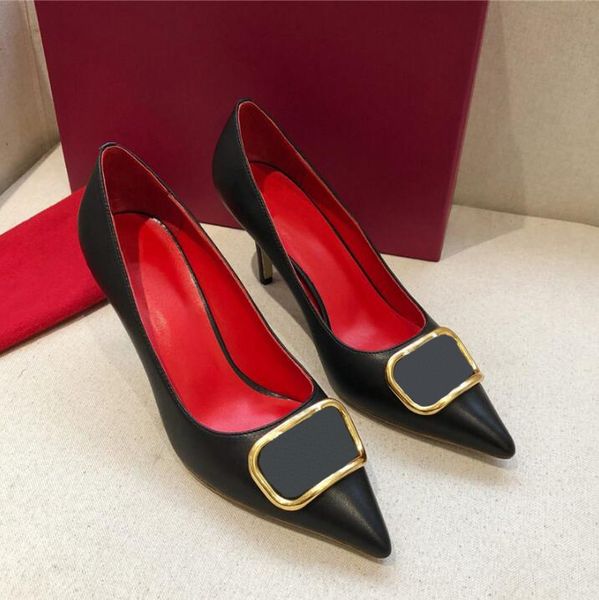 

2020 brand new pointed toe metal gold v buckle stiletto high heels sandals women's pumps women's shoes v right logo 34-41, Black