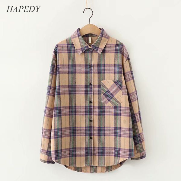 

2020 plaid shirts women blouse shirt long sleeve oversized cotton ladies casual blusas one pocket loose female and blouses, White