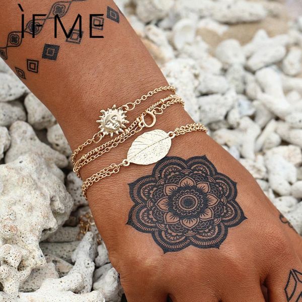 

vintage fashion alloy metal geometric chain bracelet set for women antique gold color leaf sun charm bracelets new, Black