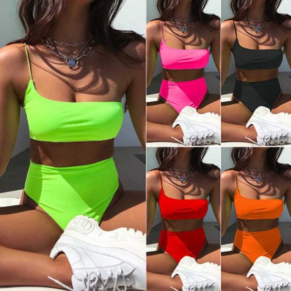 

neon green one shoulder bikini set high waist bikini 2020 women's swimwear swimwear two pieces push up swimming suit new, White;black