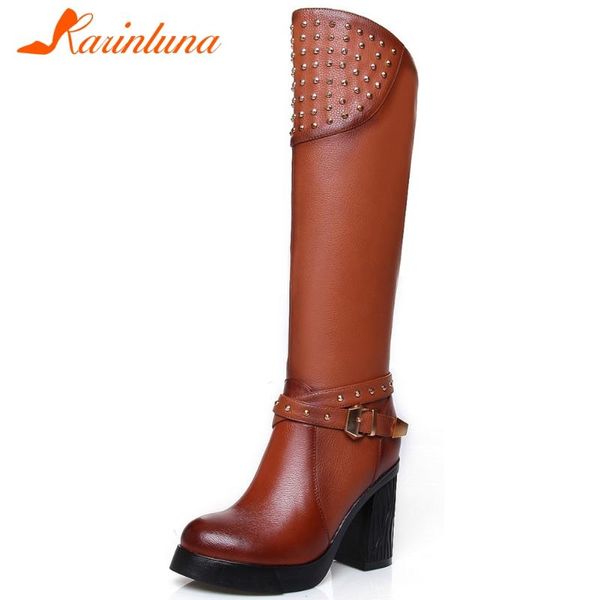 

boots karin 2021 rivet platform chunky high heels knee buckle women female genuine leather shoes, Black