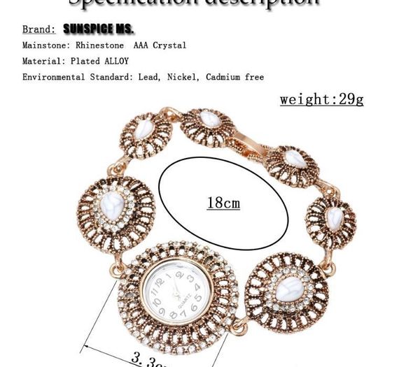 

sunspice ms morocco vintage round wrist watch charm bracelet for women hollow metal chain turkish design wedding00, Golden;silver