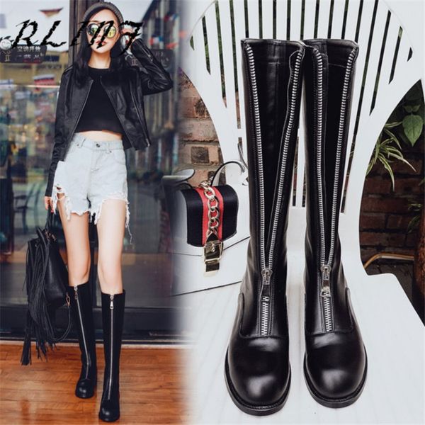

rlinf новой тенденция передней молния кожа рыцарь сапоги с ботинками низкого каблука, Black