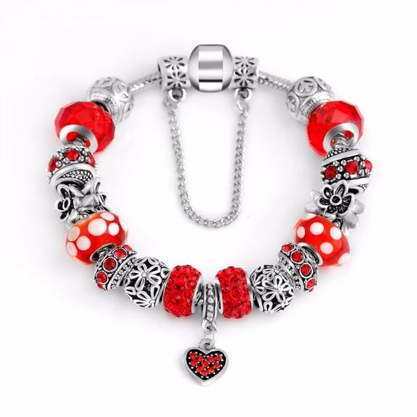 

women diy jewelry red rhinestone beads glass bead charms peach heart pendant silver flower charm spacer fit bracelet, Black
