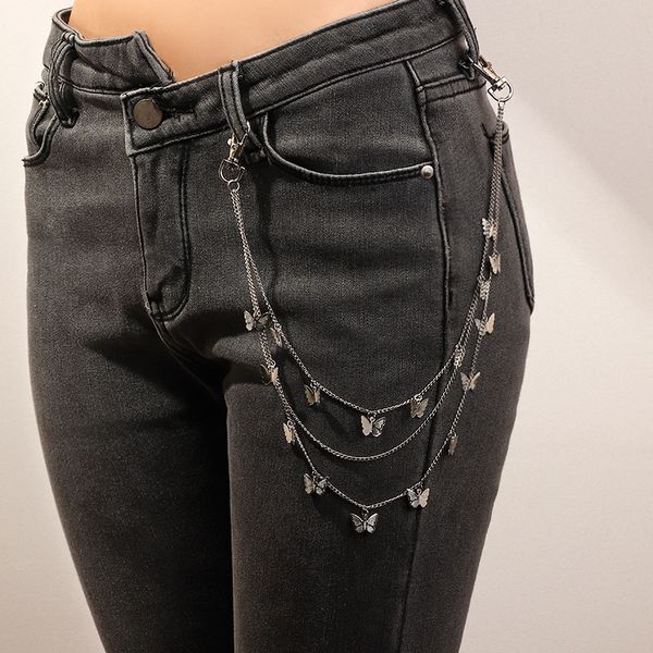 

gold silver metal butterfly belt key chain rock punk trousers keychain hipster jean keychains hiphop multilayer chains, Black;brown