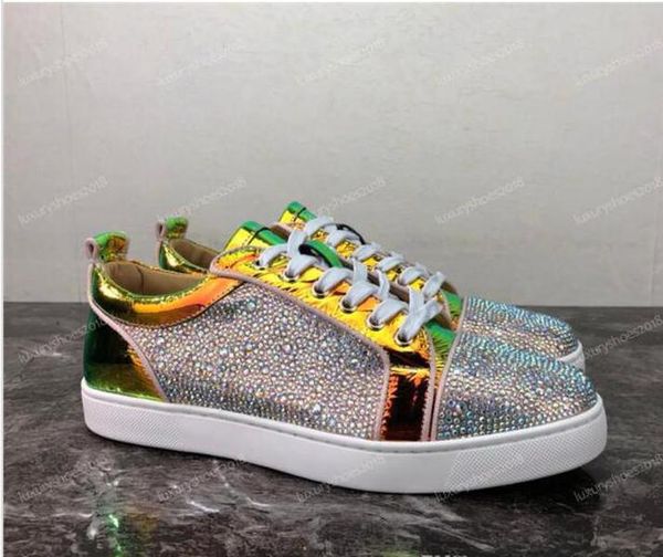 

luxury designer red sole suedes leather rhinestone strass spikes shoes men womens flat shoe low-lace-up casual sneaker chaussure, Black