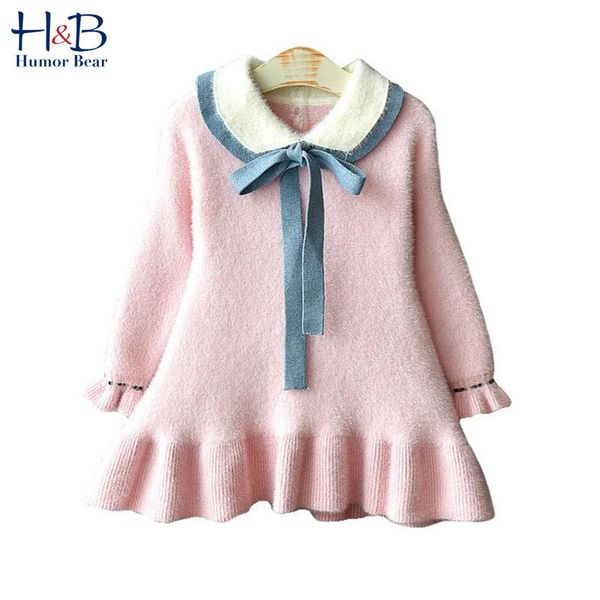 

humor bear girls dress brand new winter autumn clothes knitted doll collar long sleeves princess party dress children clothing, White