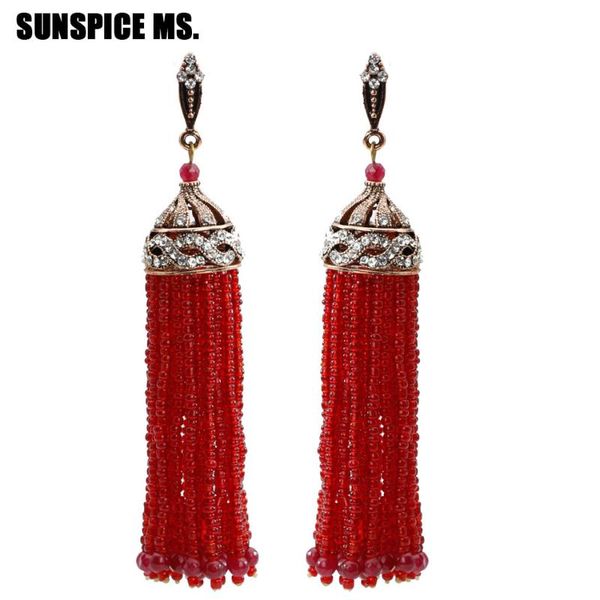 

bohemia ethnic long hook beads drop earring for women turkish handemade natural stone tassels dangle earring red wedding jewelry, Silver