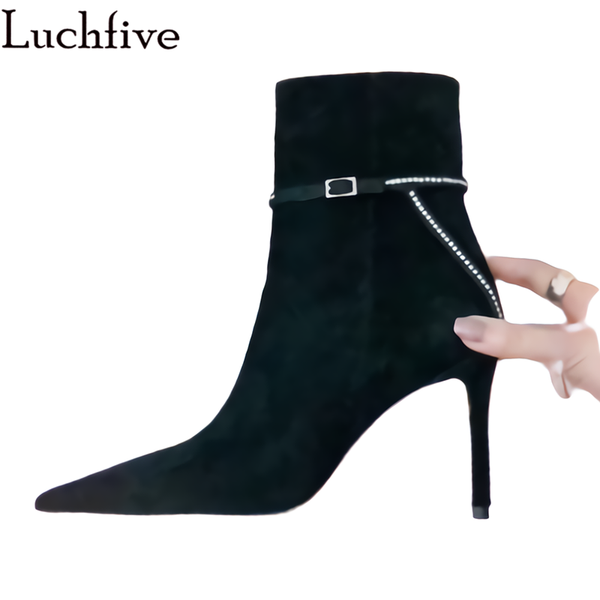

crystal chains high heel women boots kid suede boots femme pointy toe party shoes woman leather inside black botas feminina
