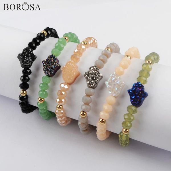 

borosa 5pcs palm rainbow titanium druzy bead bracelet colorful electroplated natural druzy with 6mm glass beads bracelets g1892, Black