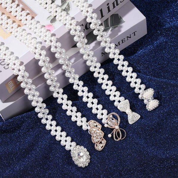 

1 pc 2020 new fashion pearl waistband elastic shiny rhinestone waist belt dress skirt sweater waist chain elegant girls gifts, Black;brown