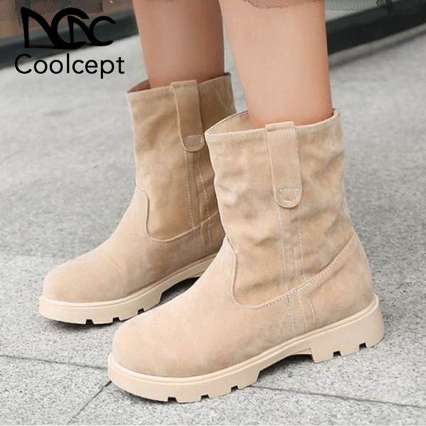 

coolcept размер 33-43 женщины половина короткие снега сапоги толстая fur boots квартиры для холодной зимы середины икры для женщин footwears, Black