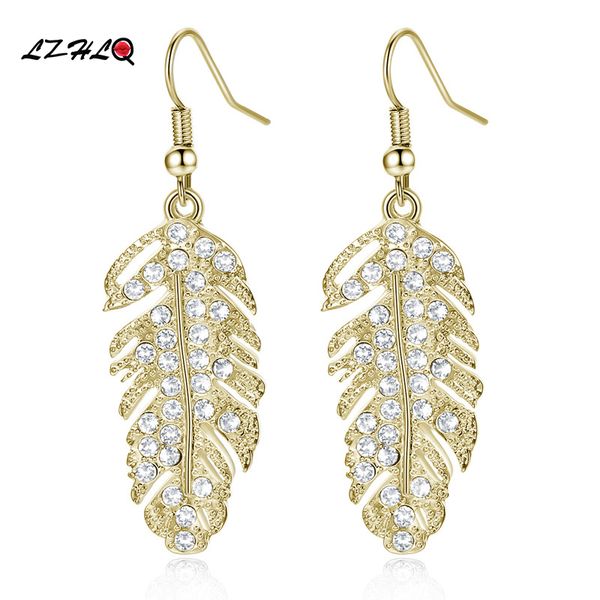 

lzhlq luxury crystal wedding earrings women fashion metal feather rhinestone drop earrings 2020 jewelry accessories, Silver