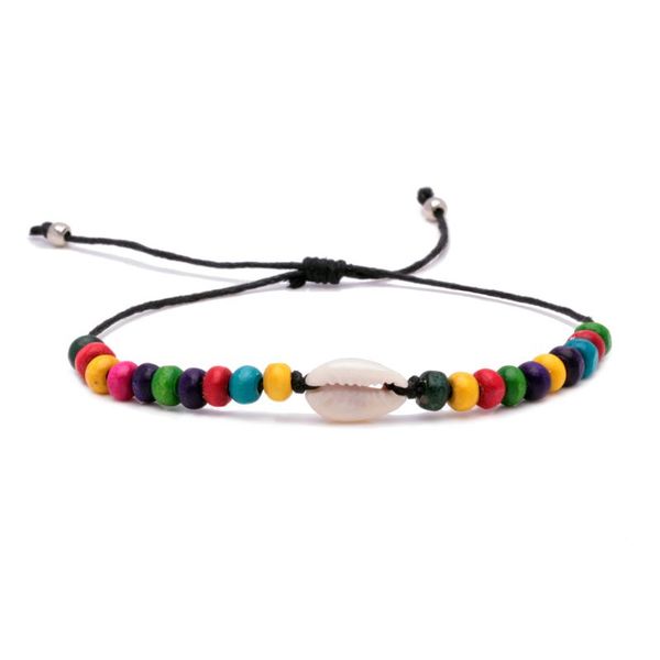 

colorful rainbow mala wood beads cowrie seashells braided bracelet women men pull slide knot waxed string special beach jewelry, Golden;silver