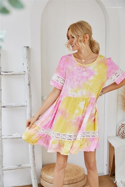 

pleated mini dresses summer basic womens designer dress womens summer dresses irregular tie dye floral seaside dresses holiday loose casual, Black;gray