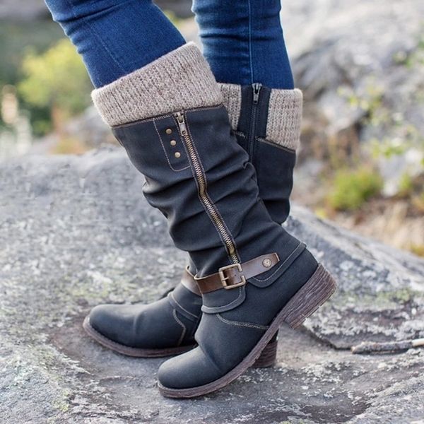 

women knee high boots big size chunky low heels shoes booties vintage pu leather gladiator knight warm shoe botas mujer, Black