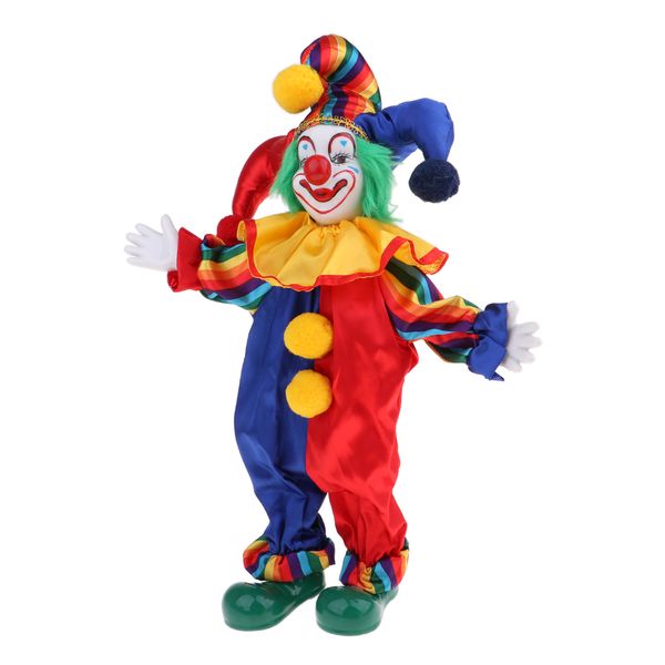 

15 inch porcelain smiling clown doll wearing colorful outfits, funny harlequin doll, circus props, halloween decor