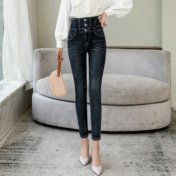 

women's jeans 2021 autumn and winter high waist stretch slim feet, Blue
