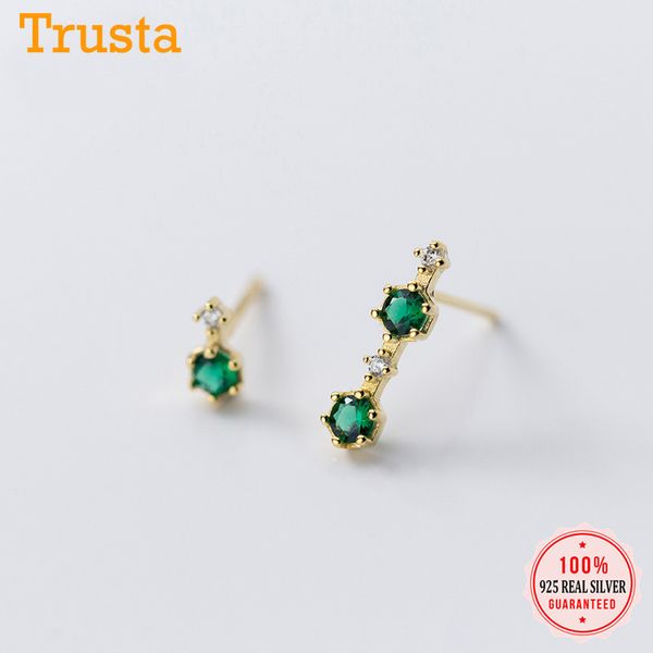 

trustdavis genuine 925 sterling silver sweet asymmetric green czstud earrings for women wedding jewelry gift ds2173, Golden;silver