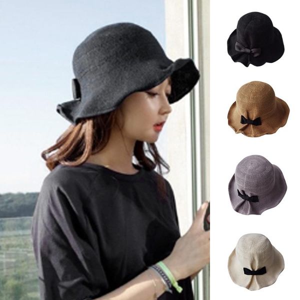 

2020 korean version foldable fisherman cap bowknot cotton linen hat summer sunshade women decor, Blue;gray