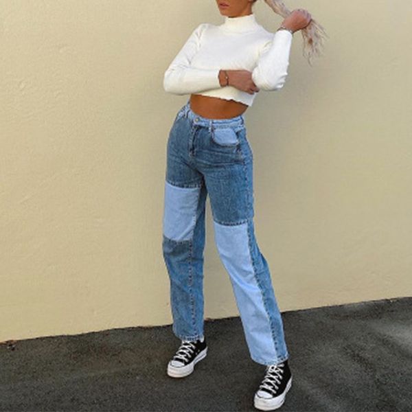 

patchwork jeans straight women's jeans baggy vintage high waist pants mom denim distressed streetwear 2020 female, Blue
