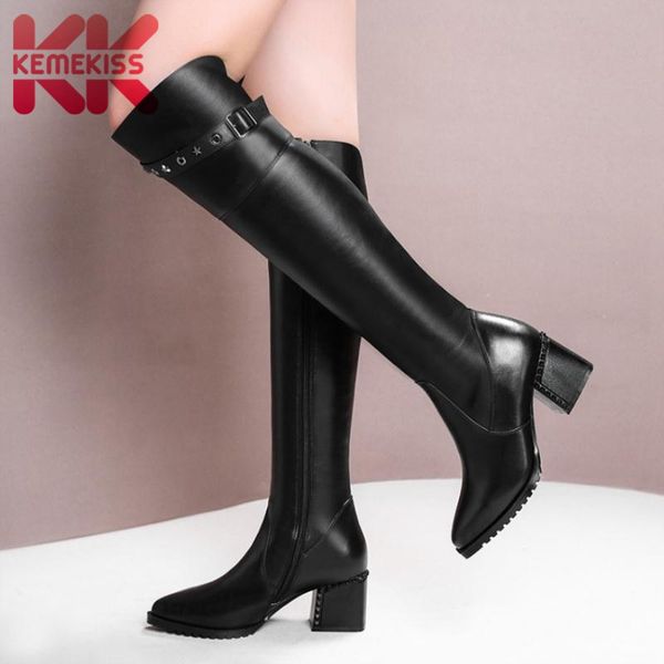 

kemekiss women real leather high heel boots buckle thick heel shoes women warm fur over knee boots thigh high shoes size 34-42, Black
