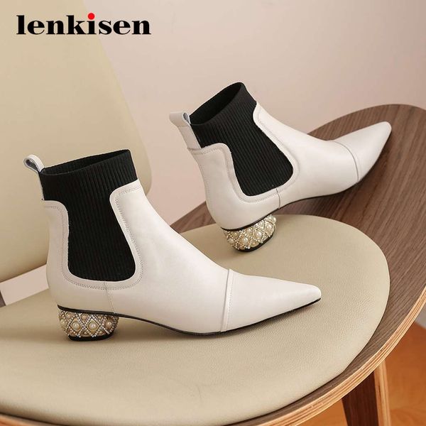 

lenkisen gladiator knitting boots real leather pearl med round heel pointed toe slip on gorgeous keep warm dress ankle boots l97, Black