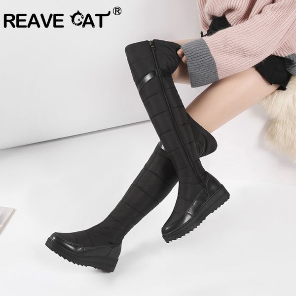 

похищать cat over-the-колено высокие зимние сапоги для женщин из кожи вниз меха плюшевые платформа zipper boots mental большой размер 35-44, Black