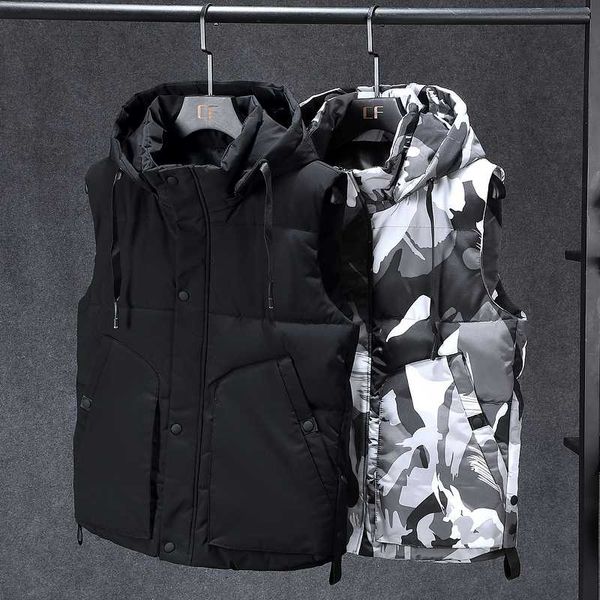 

winter men plus size 6xl 7xl parka vest waistcoat hoodie camouflage sleeveless jackets warm, Black;white