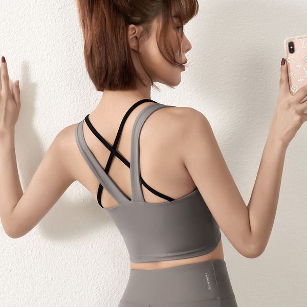 

gym clothing cross strap color contrast fitness bra front u shape gathering chest yoga crop high-intensity running vest brassiere, White;black