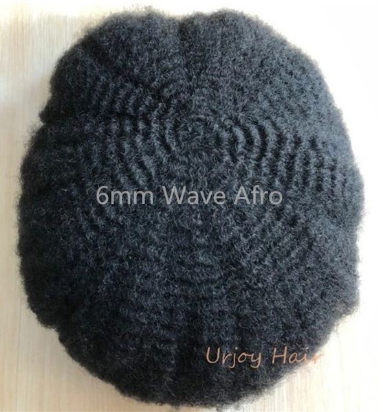 

6mm wave afro hair units lace pu toupee for basketbass players chinese virgin human hair afro kinky curl men wig inng, Black