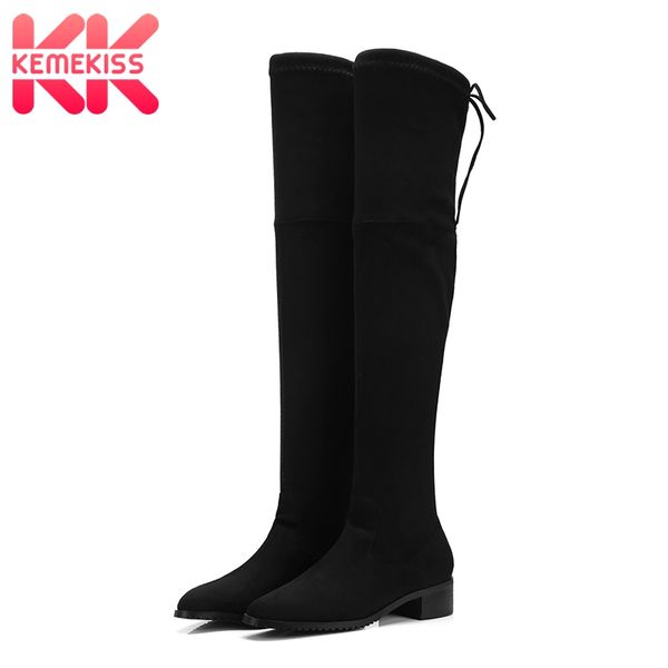 

boots kemekiss 2021 women winter autumn all match elastic fabric over the knee high shoes square flats size 34-43, Black