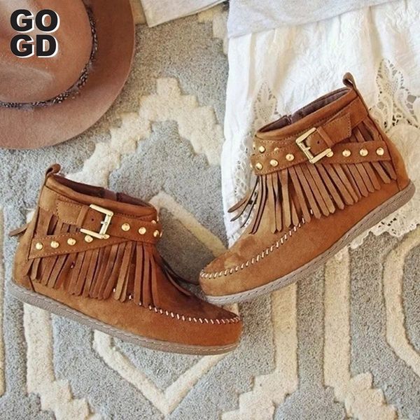 

gogd]rome style ethnic women ankle boots winter suede tassel short boots girls fashion low flat heel comfortable shoes 36-41, Black