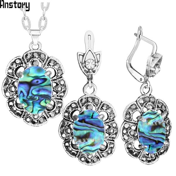 

vintage oval shell necklace earrings jewelry set rhinestone flower fashion jewelry for women party gift, Silver
