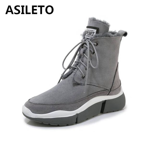 

asileto cow suede platform sneakers women winter snow shoes plush fur lady winter cross-tied ankle high warm casual size 35-39, Black