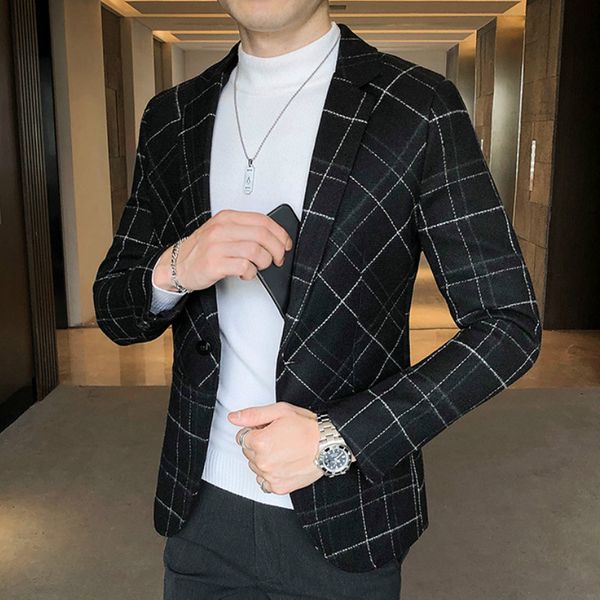 

men's suits & blazers 2021 men slim fit korean version plaid suit jacket casual wedding business blazer masculino streetwear social, White;black