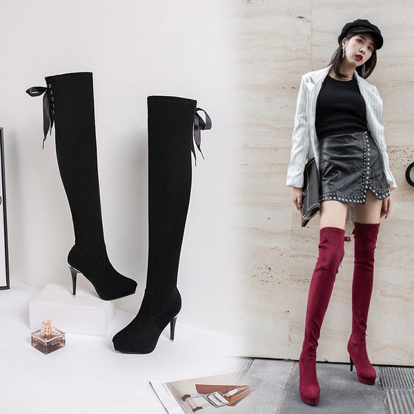

shoes boots winter footwear booties woman 2020 high heels pointy stockings autumn over-the-knee large size, Black