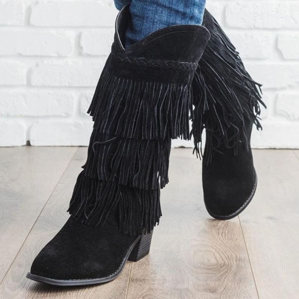 

doratasia mid-calf western shoes high chunky heels boots women classic autumn retro fringe boots, Black