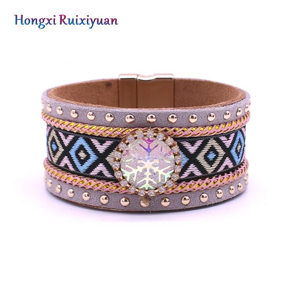 

bangle bohemian leather bracelets&bangles fashion resin rhinestone snowflake lady magnetic clasp bracelet jewelry gift, Black